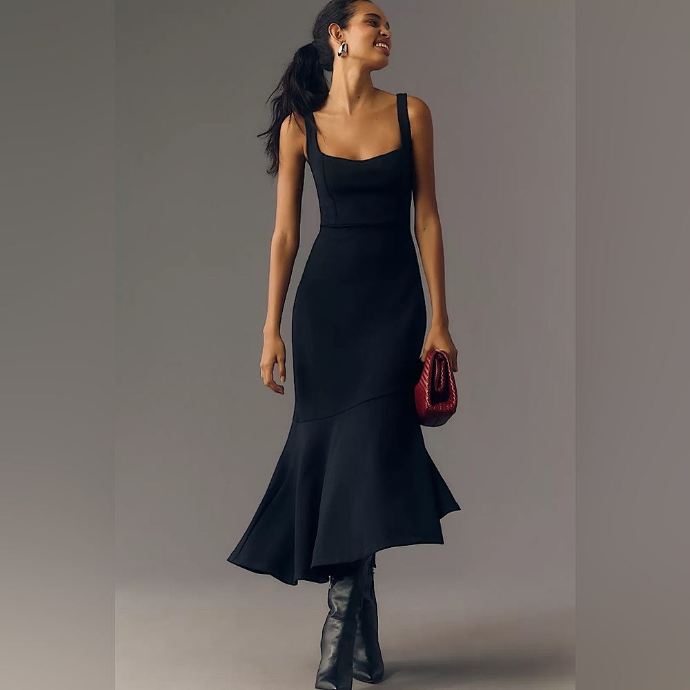 〰️Anthropologie The Ariana Square-Neck Asymmetrical Ruffle-Hem Dress in Black